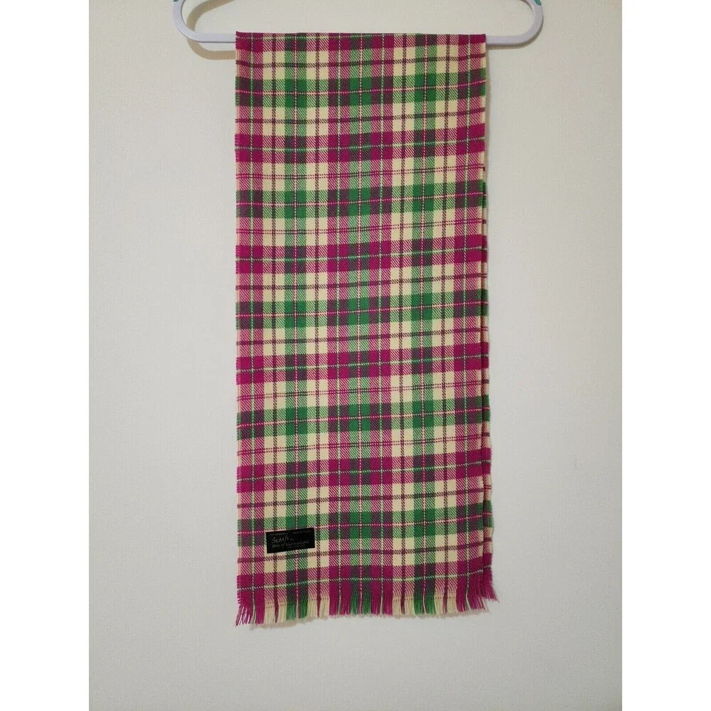 100% Lambswool Plaid Scarf Green Yellow Magenta USA Scarfs by Day of the Unicorn